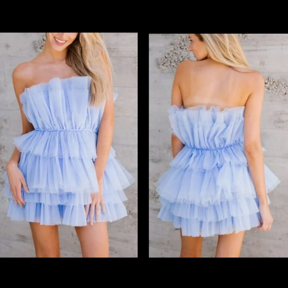 Mable Light Blue Tiered Tulle Mini Dress Sz S - Picture 3 of 15